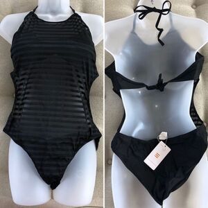 SelfieGo Black Tonal Stripe 1pc Swimsuit XXL